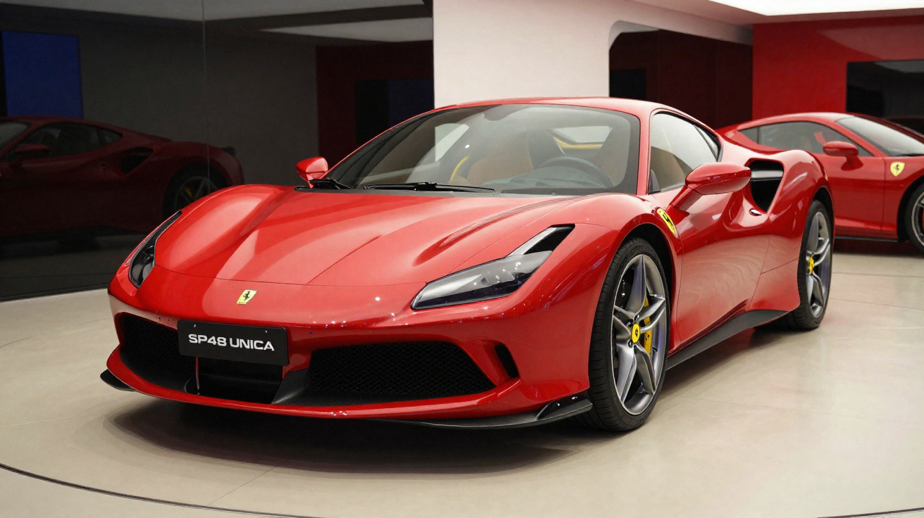 Carro esportivo vermelho Ferrari SP48 Unica estacionado em ambiente interno com piso claro e parede espelhada.