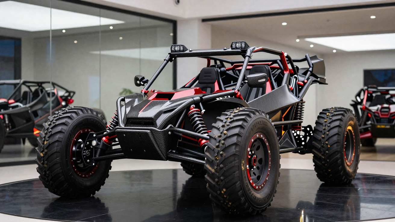 Buggy off-road preto e vermelho exibido em ambiente interno moderno com rodas largas e suspensões expostas.
