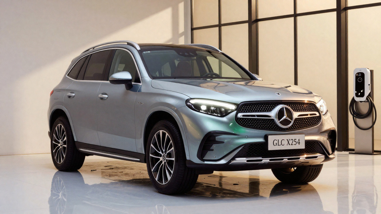 Carro elétrico Mercedes-Benz GLC X254 prata estacionado em showroom moderno com carregador ao fundo.
