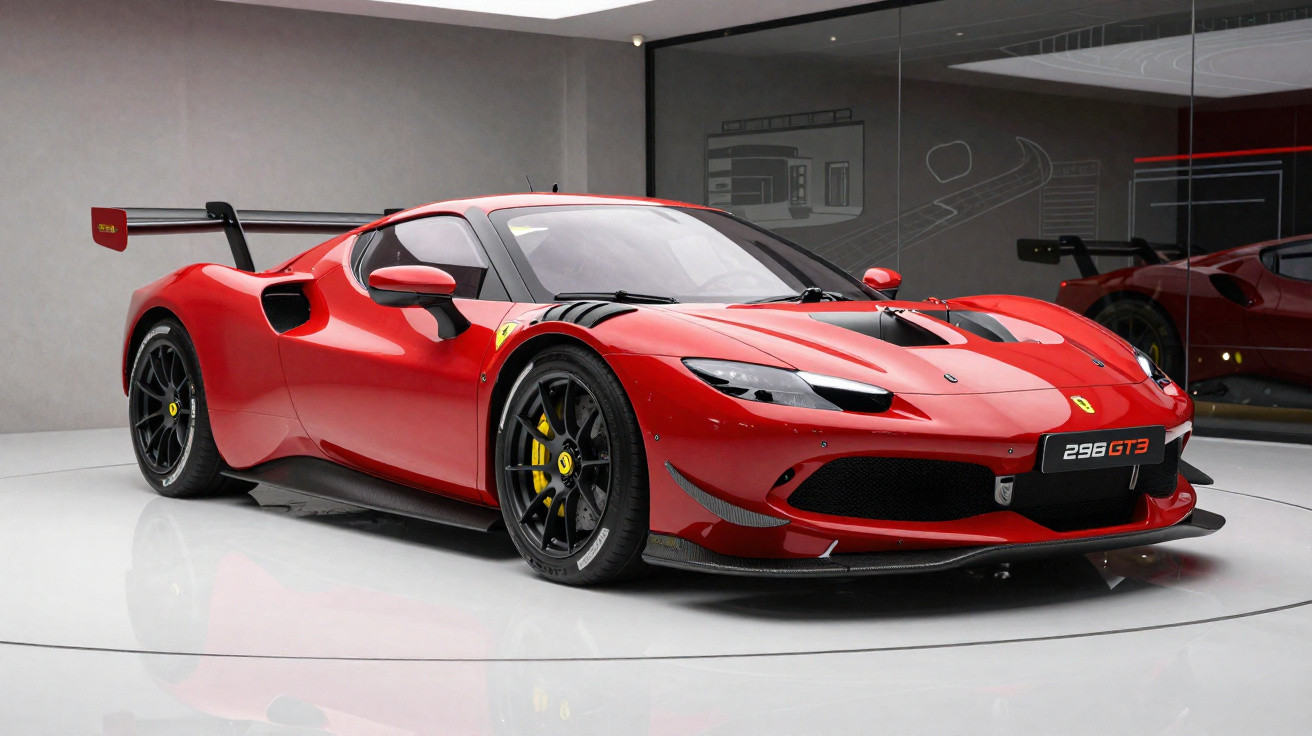 Carro esportivo Ferrari 298 GT3 vermelho exibido em ambiente interno com piso branco e parede espelhada.