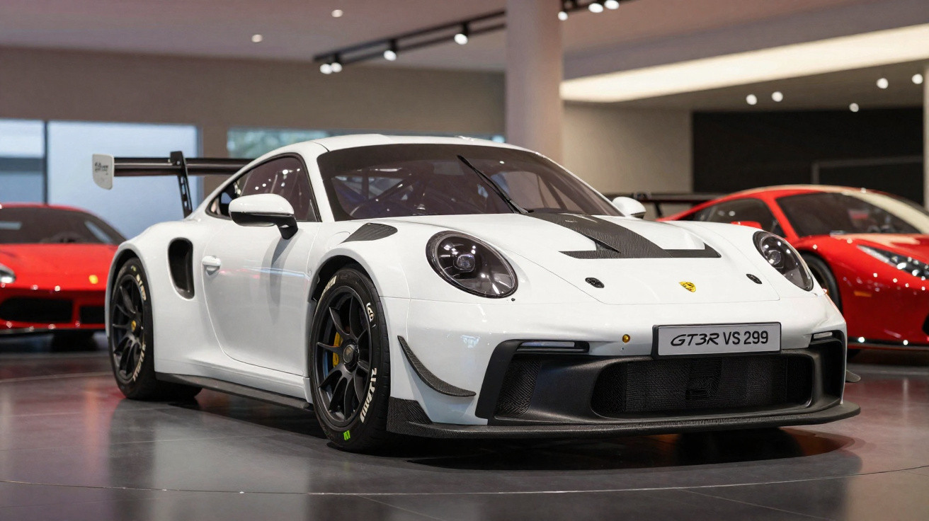 Carro esportivo branco Porsche GT3 RS em exposição, com detalhes pretos e rodas pretas, em ambiente interno sofisticado.