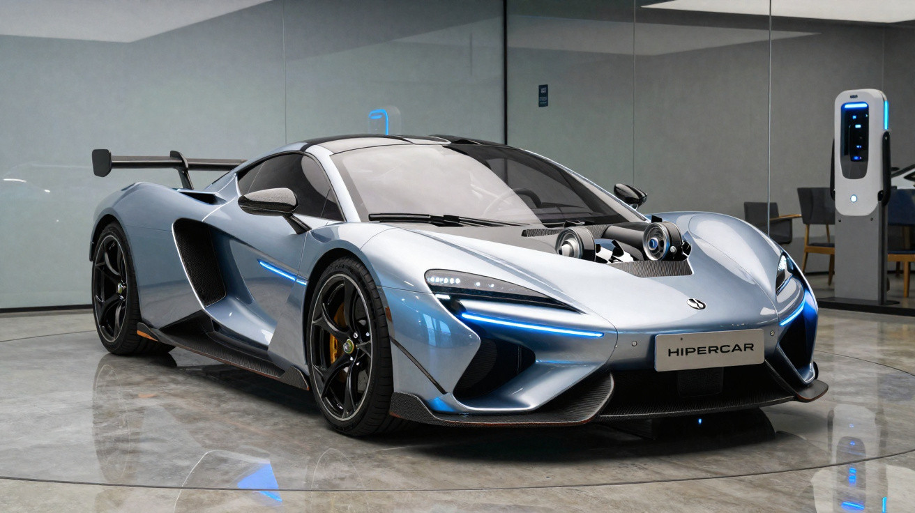 Carro esportivo prata com design moderno exposto em salão com reflexo no chão de mármore.