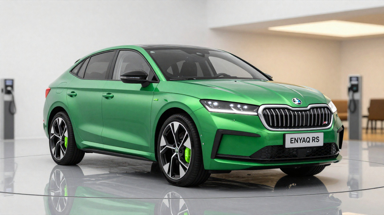 Carro elétrico verde Škoda Enyaq RS estacionado em ambiente interno com carregadores ao fundo.