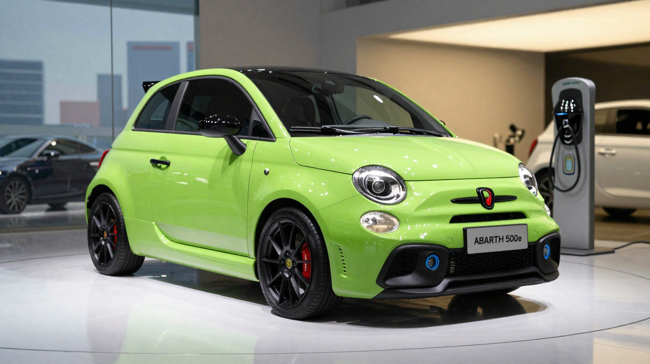 Carro esportivo compacto verde Abarth 500e estacionado em showroom ao lado de estação de recarga elétrica.