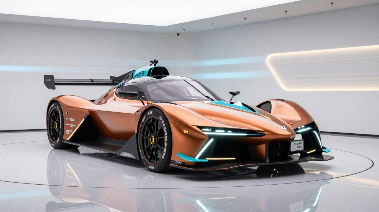 Carro de corrida futurista laranja com detalhes azuis exibido em galeria moderna e iluminada.