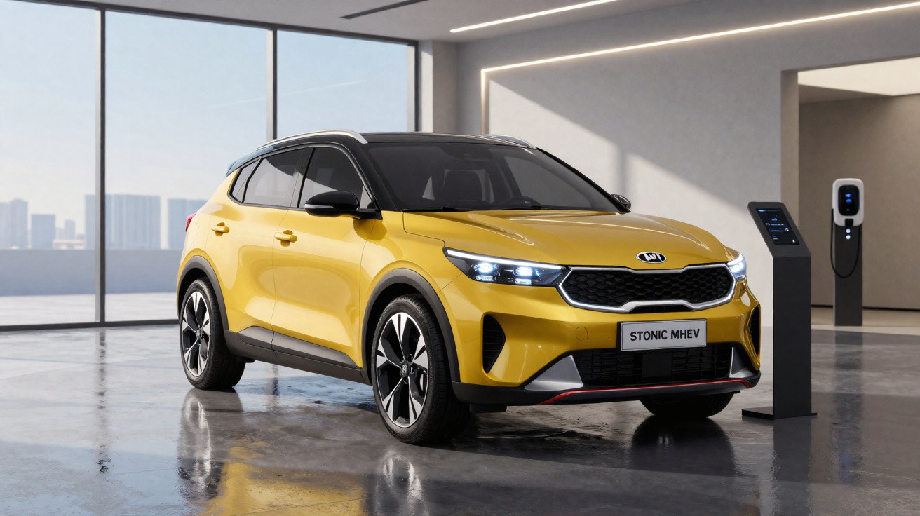 Carro SUV amarelo Kia Stonic MHEV estacionado em garagem moderna e iluminada, ao lado de carregador elétrico.