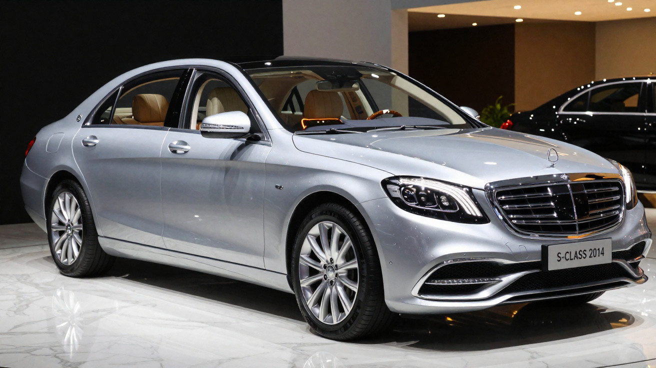 Carro Mercedes-Benz S-Class 2014 prata exibido em ambiente interno com bancos marrons claros.