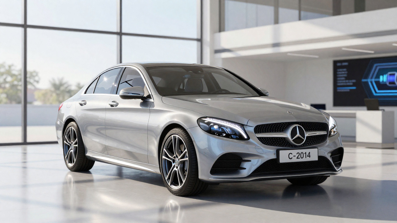 Carro sedan Mercedes-Benz prata exibido em showroom com luz natural e piso refletivo.
