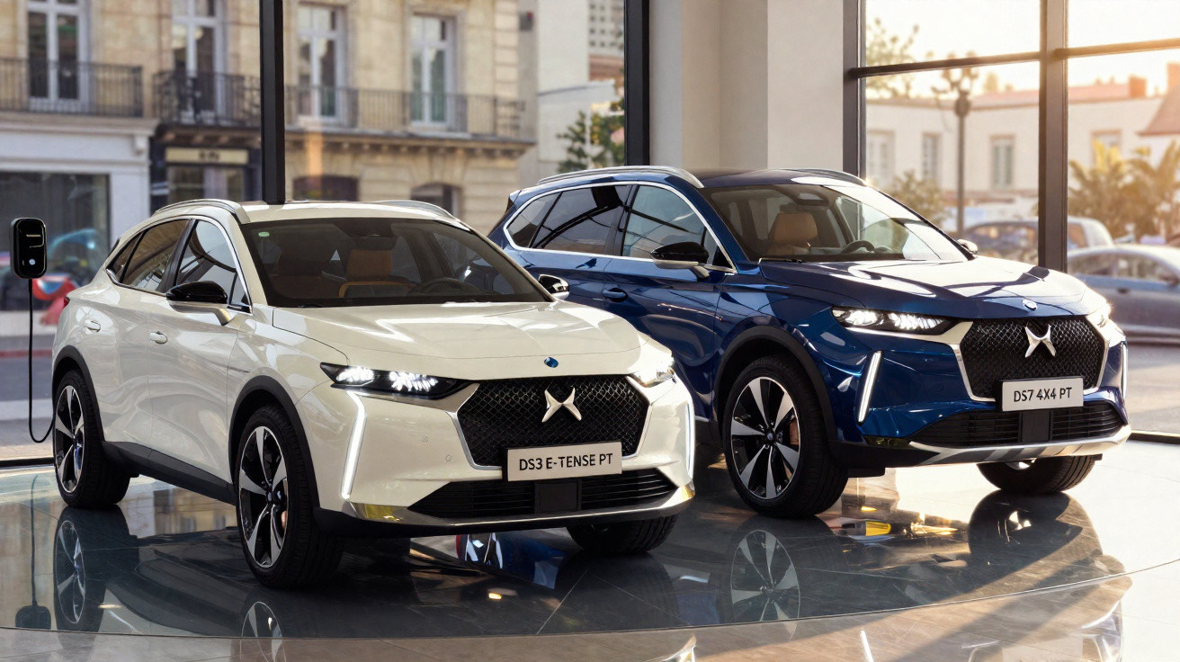 Dois carros elétricos da marca DS, um branco e um azul, expostos em showroom moderno com iluminação natural.