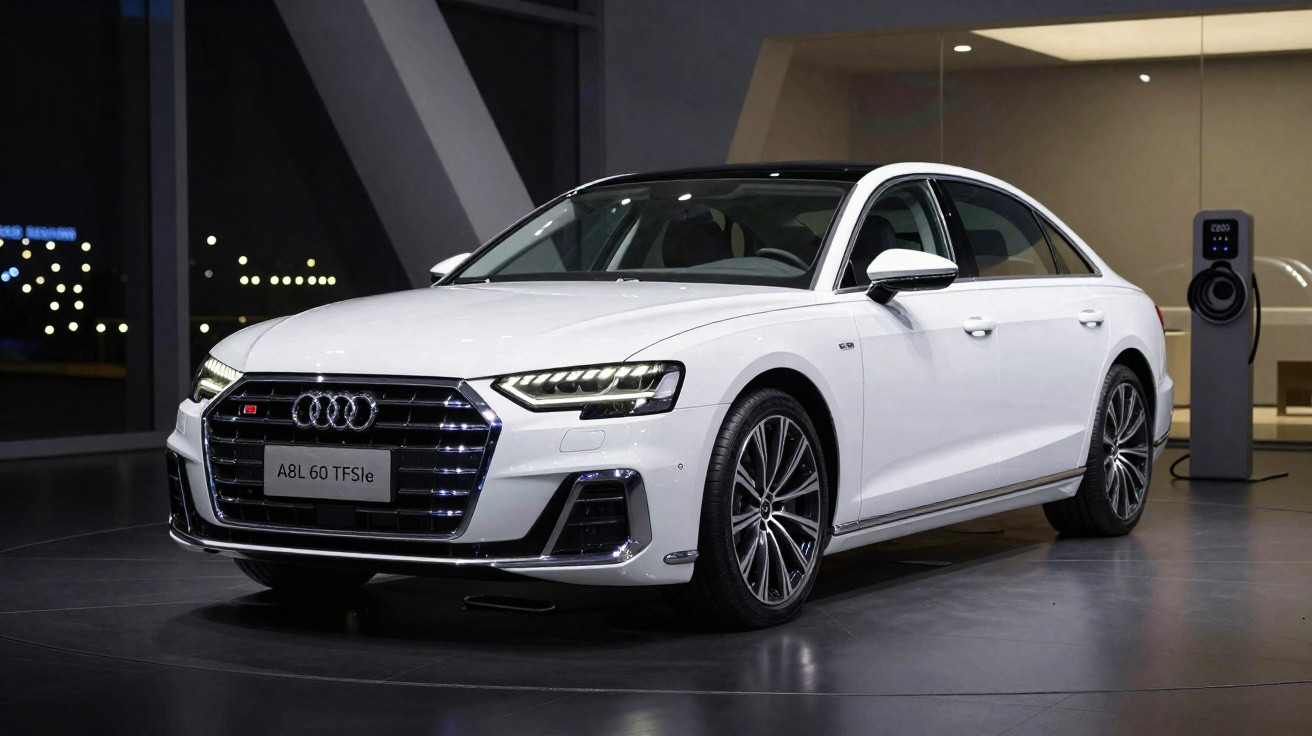 Carro sedan branco Audi A8L 60 TFSIe estacionado com estação de recarga elétrica ao fundo.