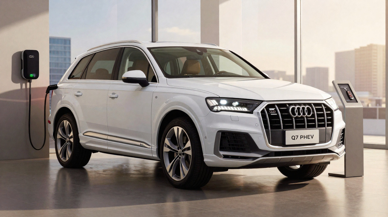 Carro elétrico branco Audi Q7 PHEV plugado em estação de recarga interna com visão de prédio ao fundo.
