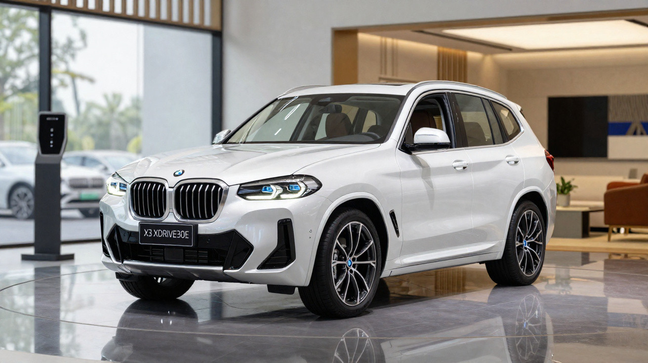 Carro BMW X3 xDrive30e branco exposto em showroom moderno com piso refletivo.