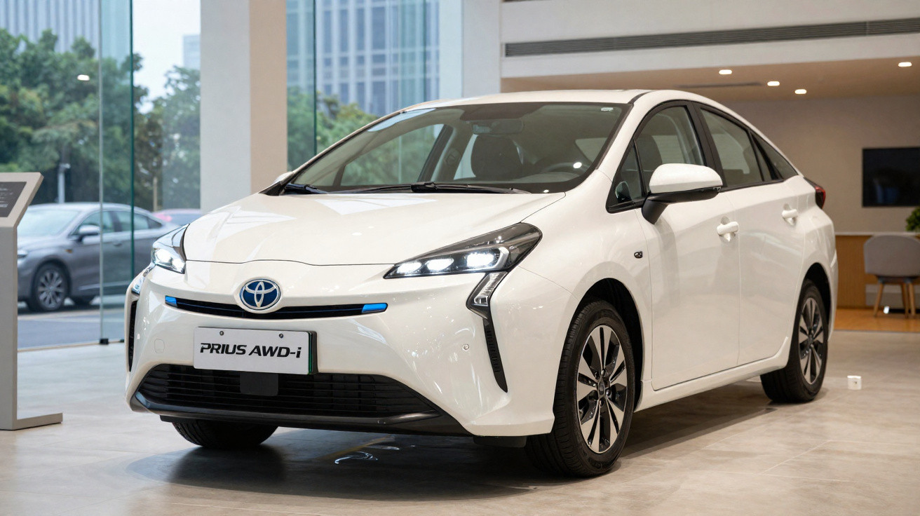 Carro branco Toyota Prius AWD-i exposto em showroom moderno com vidro ao fundo.
