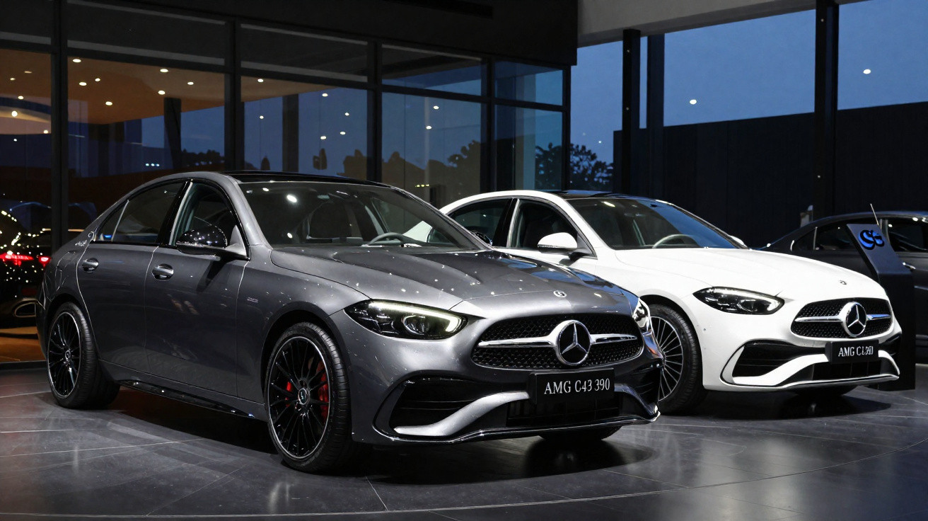 Dois carros Mercedes-Benz AMG C43, um cinza e um branco, expostos em showroom moderno à noite.