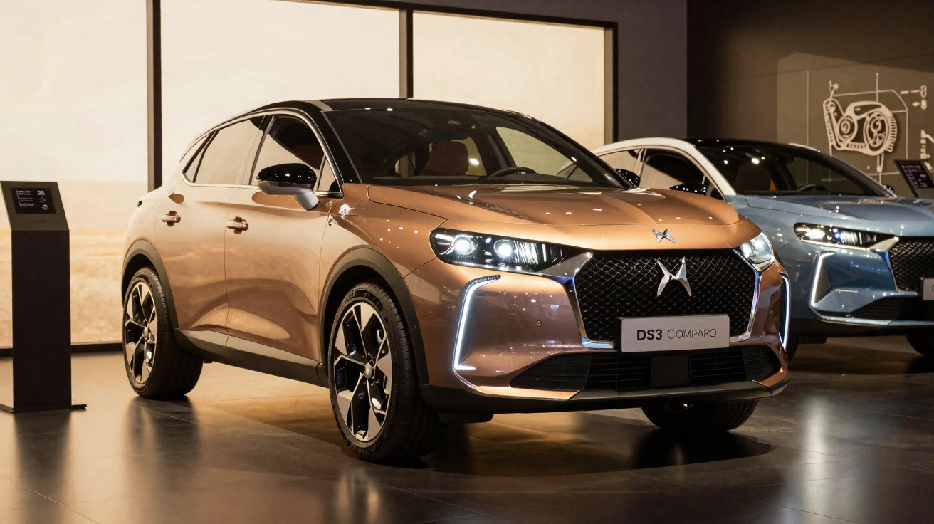 Carro DS3 Comparo marrom exposto em showroom moderno com outro carro azul ao fundo.