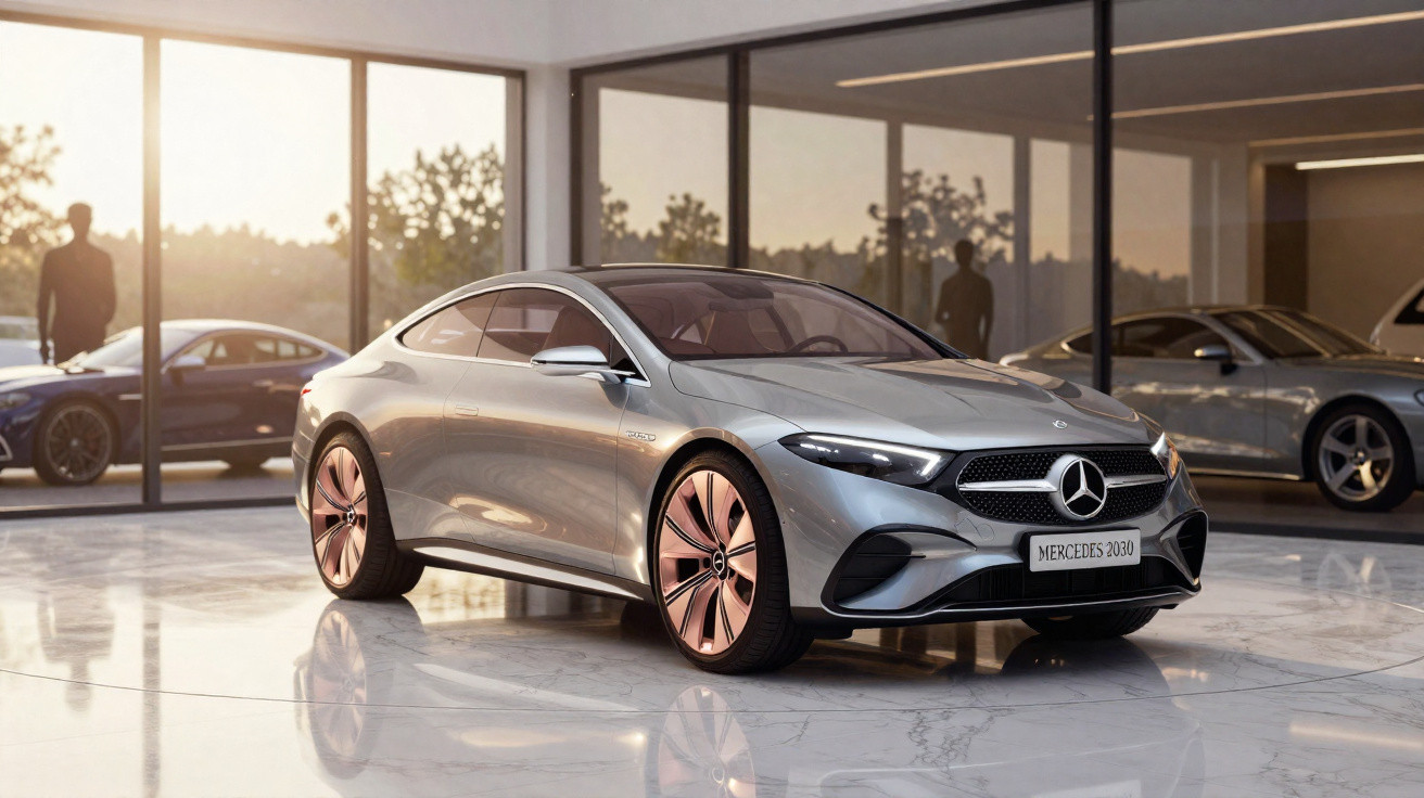 Carro Mercedes prateado modelo 2030 em exibição em ambiente interno moderno com pessoas ao fundo.