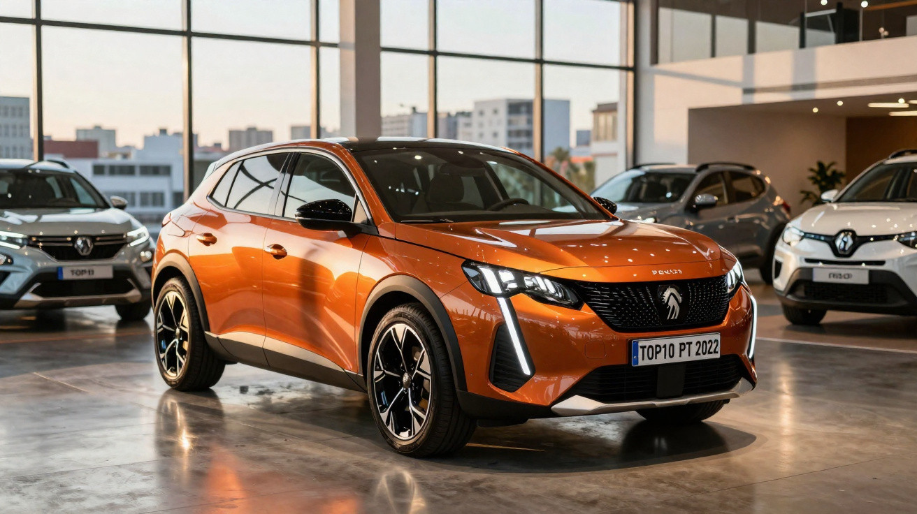 Carro SUV laranja moderno em exposição dentro de showroom com outros veículos ao fundo.