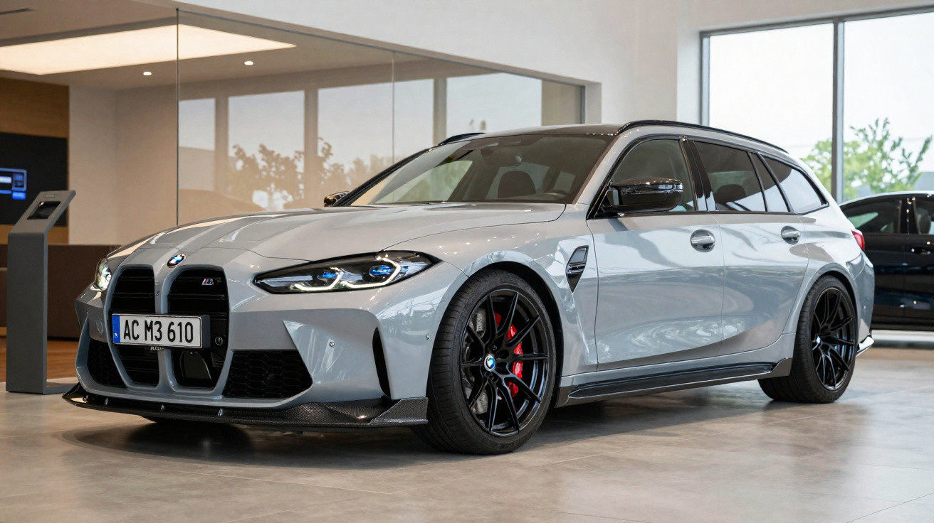 Carro BMW M3 Touring cinza estacionado em showroom com rodas pretas e freios vermelhos.