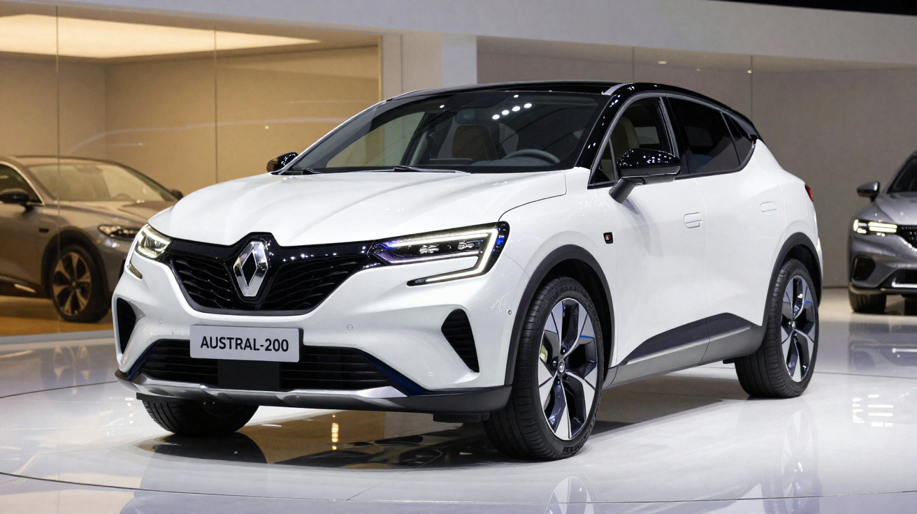 Carro branco Renault Austral-200 elétrico exposto em salão com iluminação moderna e teto preto.