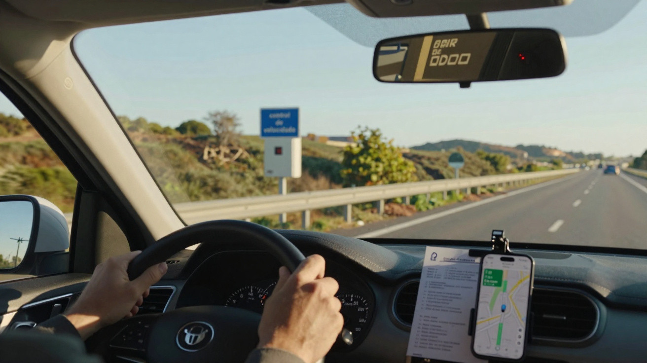 Interior de carro com motorista dirigindo em estrada, com GPS no painel e placa de controle de velocidade.