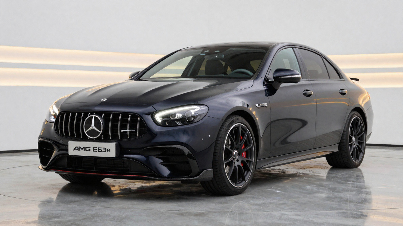 Carro Mercedes-Benz AMG E63e preto estacionado em ambiente moderno com luzes na parede.