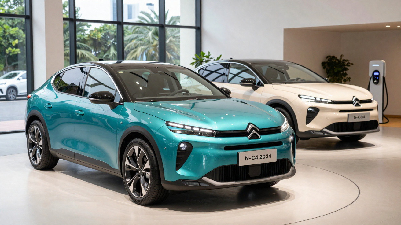 Dois carros Citroën elétricos N-C4 2024, um azul-turquesa em primeiro plano e um branco ao fundo em showroom moderno.