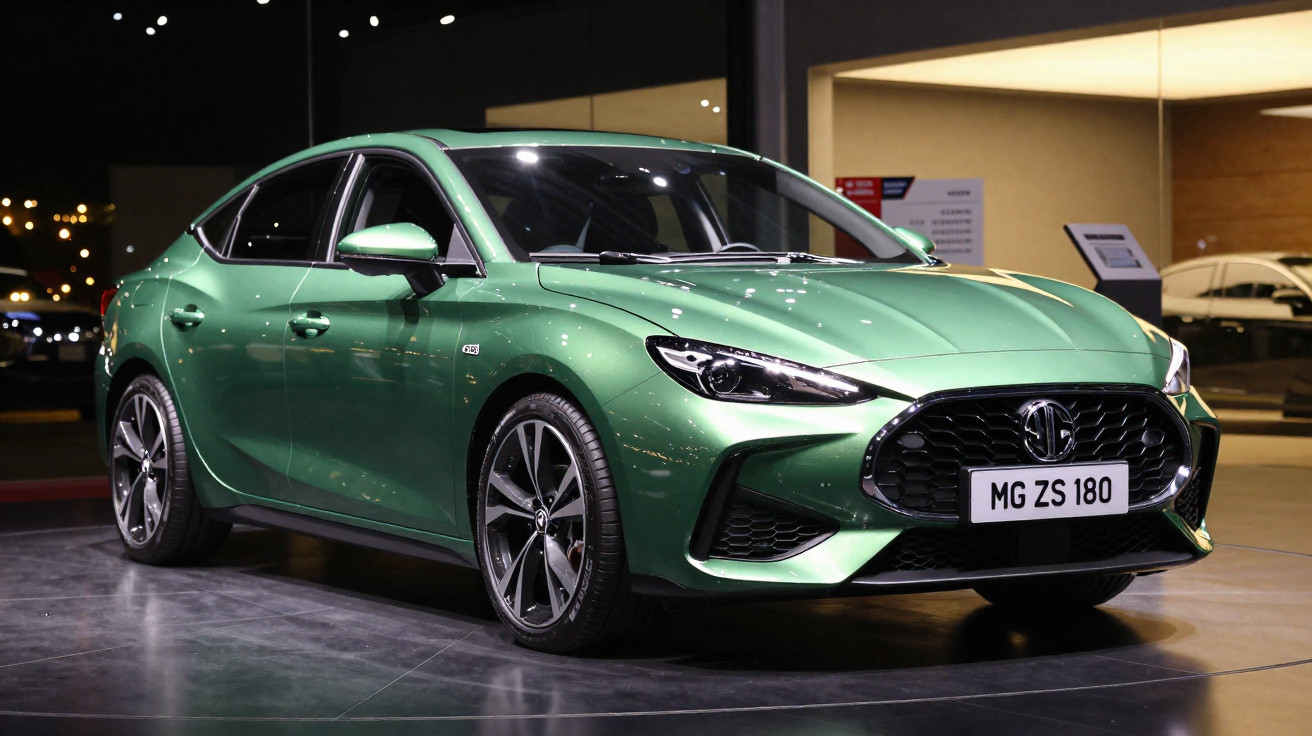 Carro sedã verde metalizado MG ZS 180 em exposição noturna com iluminação refletindo no capô.