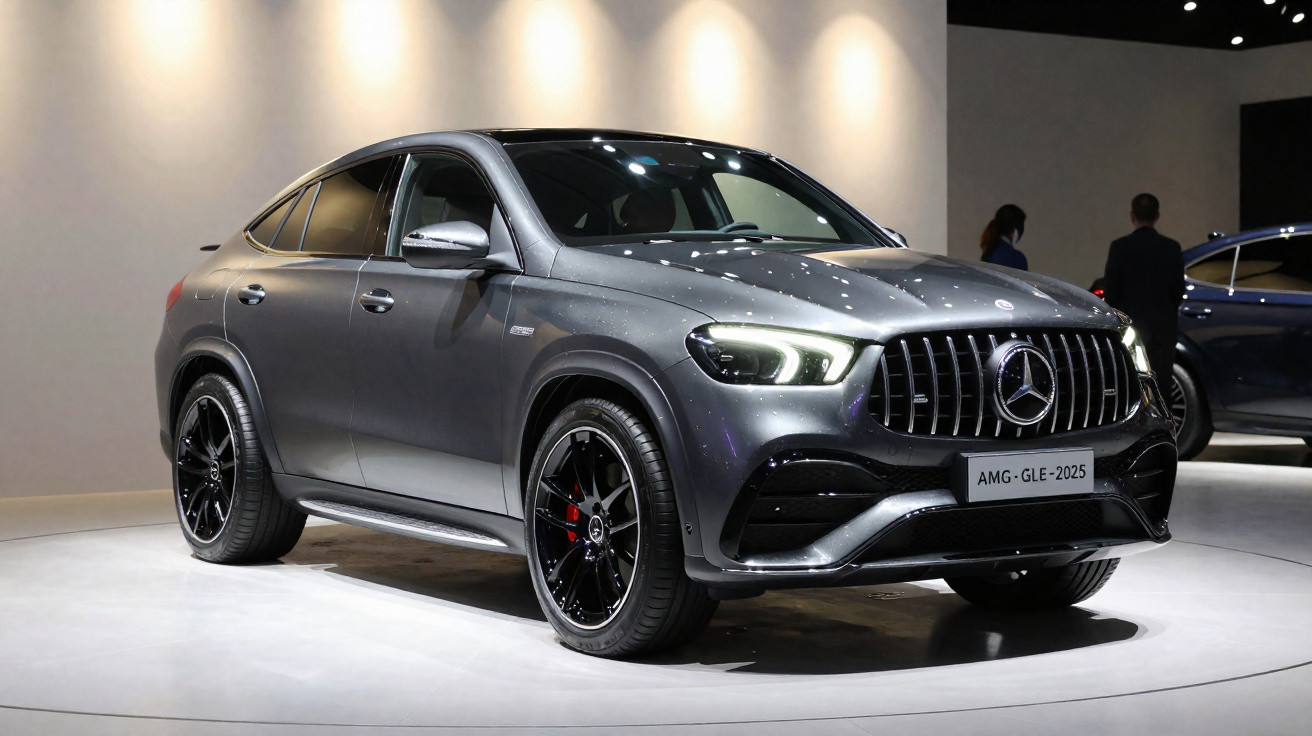 Carro Mercedes-Benz AMG GLE 2025 cinza em exposição com iluminação interna e aro preto.