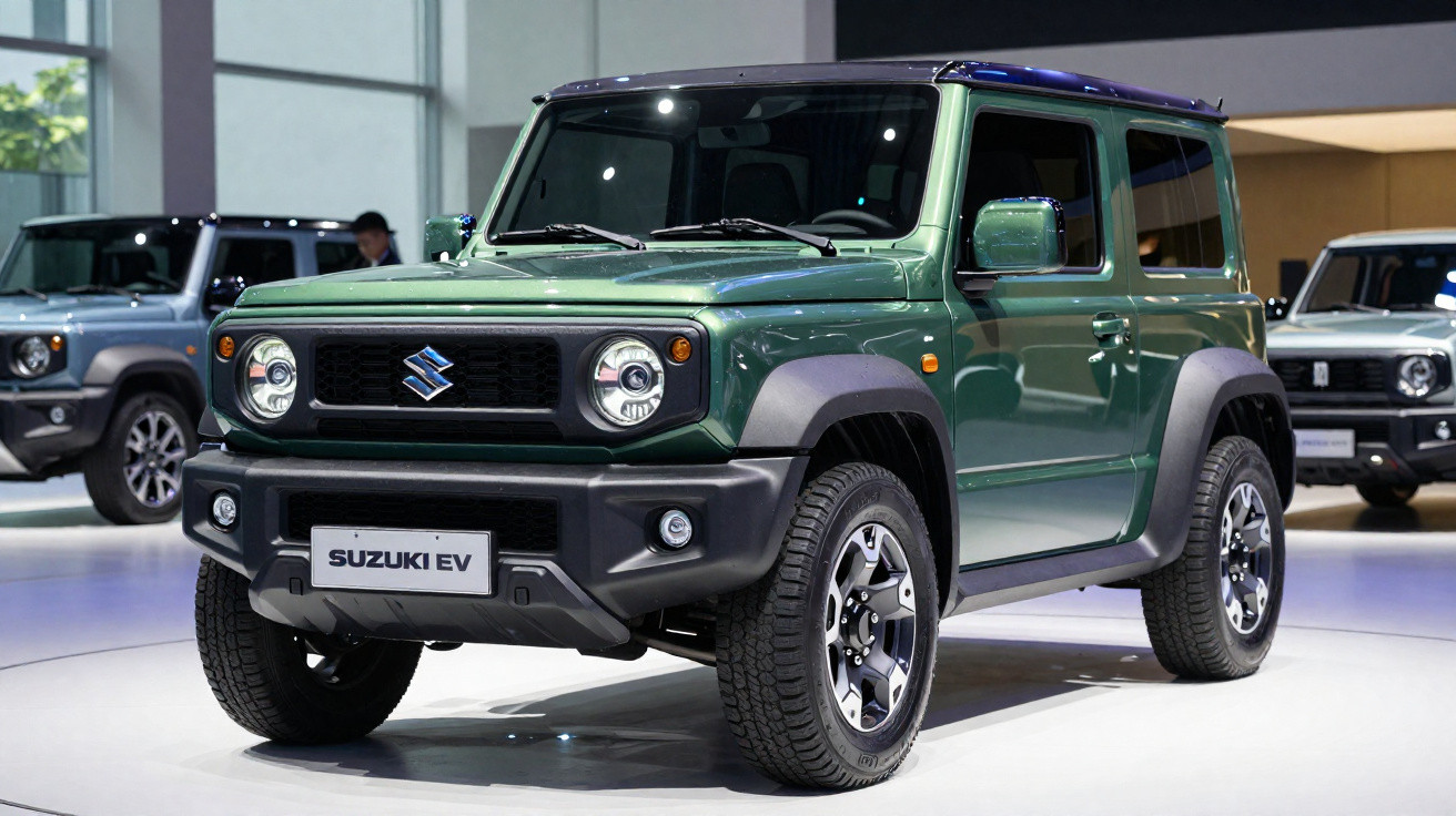 Carro SUV compacto verde Suzuki EV exposto em salão de automóveis, com faróis redondos e design robusto.