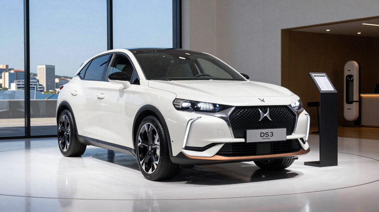 Carro elétrico branco DS 3 Crossback em exposição interna com iluminação moderna.