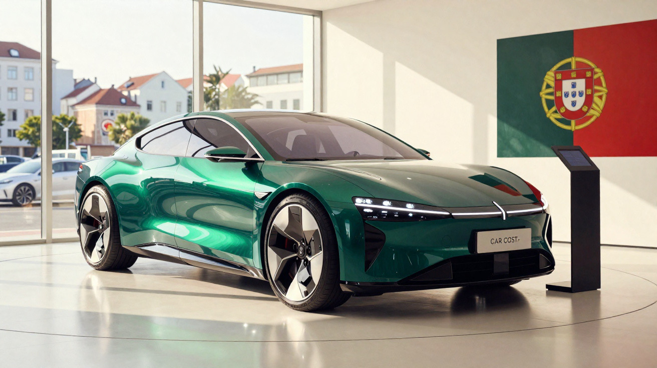 Carro esportivo verde elétrico em exposição futurista, com bandeira de Portugal ao fundo.