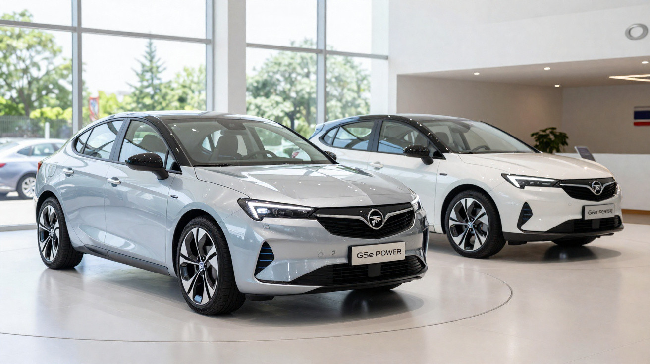 Dois carros elétricos GSe POWER em exibição em showroom moderno com luz natural.