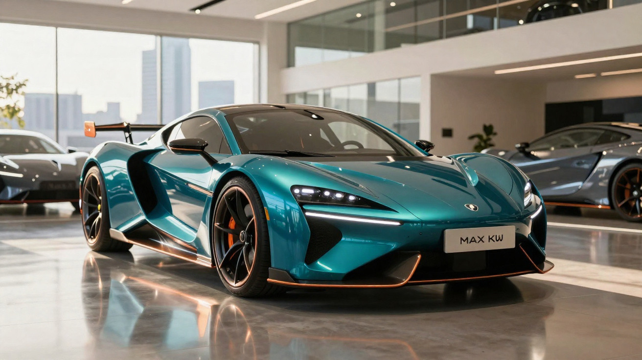 Carro esportivo azul metálico exibido em showroom moderno com piso refletivo e iluminação natural.