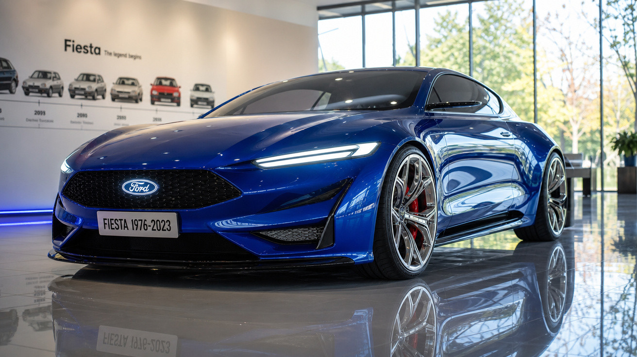 Carro esportivo azul da Ford modelo Fiesta 2023 exposto em showroom com piso refletivo e grande janela ao fundo.