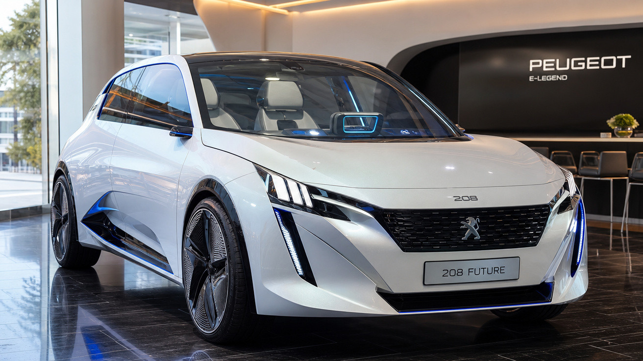 Carro branco Peugeot 208 Future exposto em showroom moderno com destaque para design futurista e faróis LED.