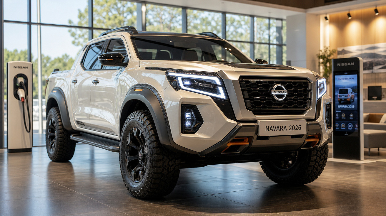 Picape Nissan Navara 2026 prata exposta em showroom moderno com carregador elétrico ao lado.