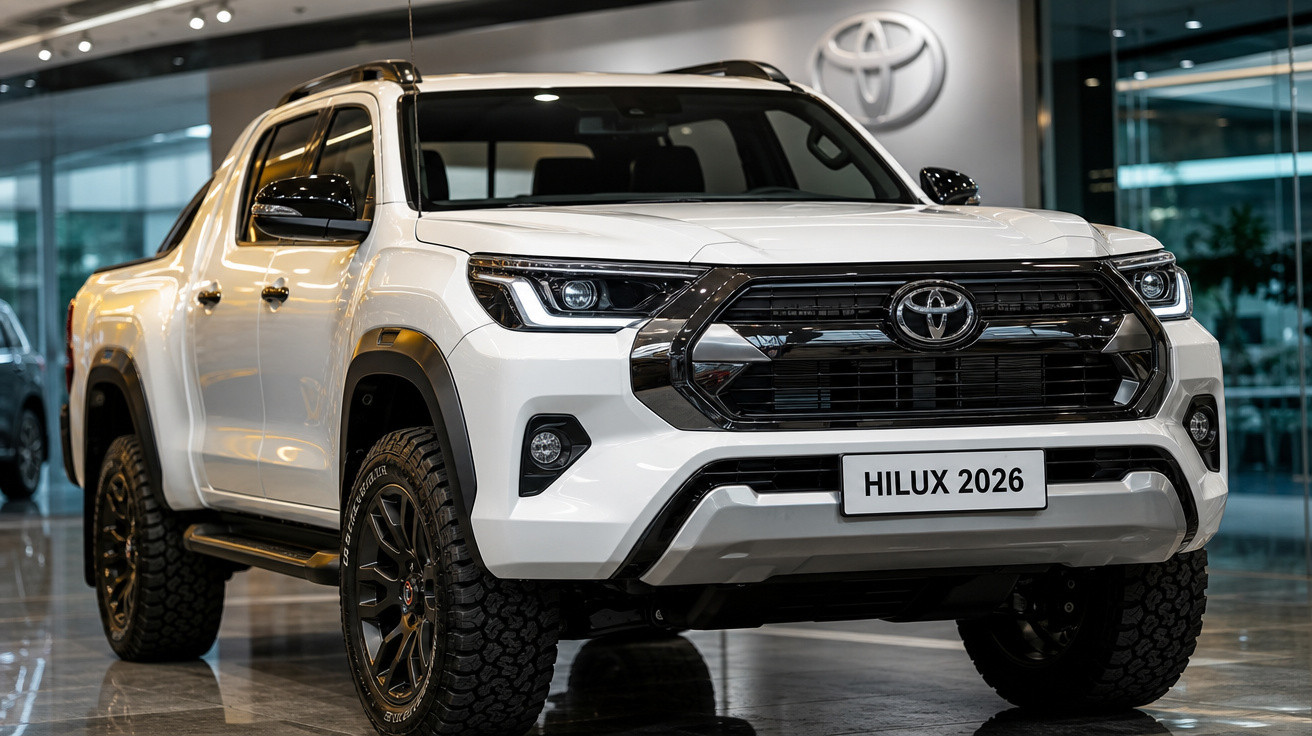 Picape Toyota Hilux 2026 branca exposta em showroom com logo da Toyota ao fundo.