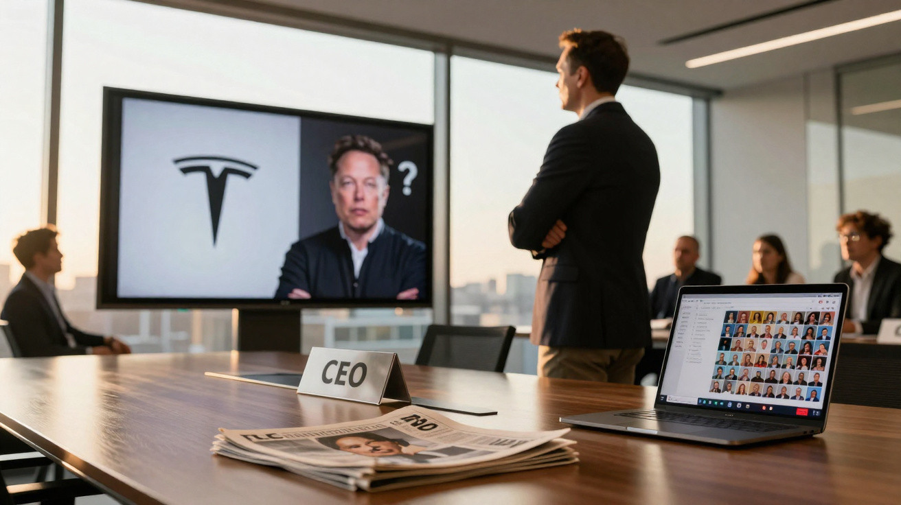 Sala de reunião com pessoas assistindo a tela que mostra Elon Musk e logo da Tesla com ponto de interrogação.
