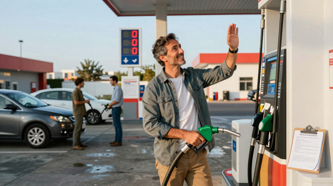 Homem sorri enquanto abastece carro em posto de gasolina com mais dois homens ao fundo.