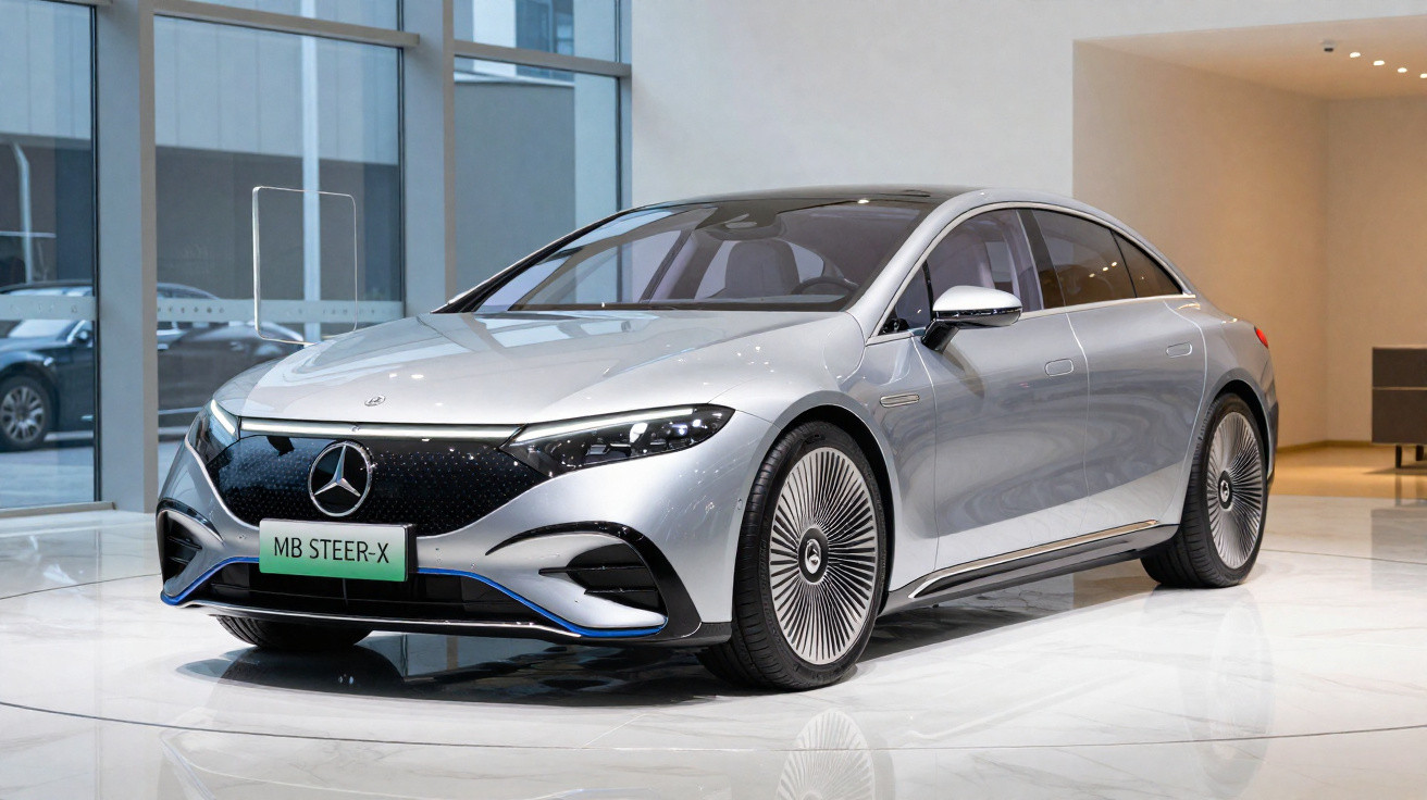 Carro elétrico Mercedes-Benz prata modelo MB STEER-X exibido em showroom moderno com piso branco.