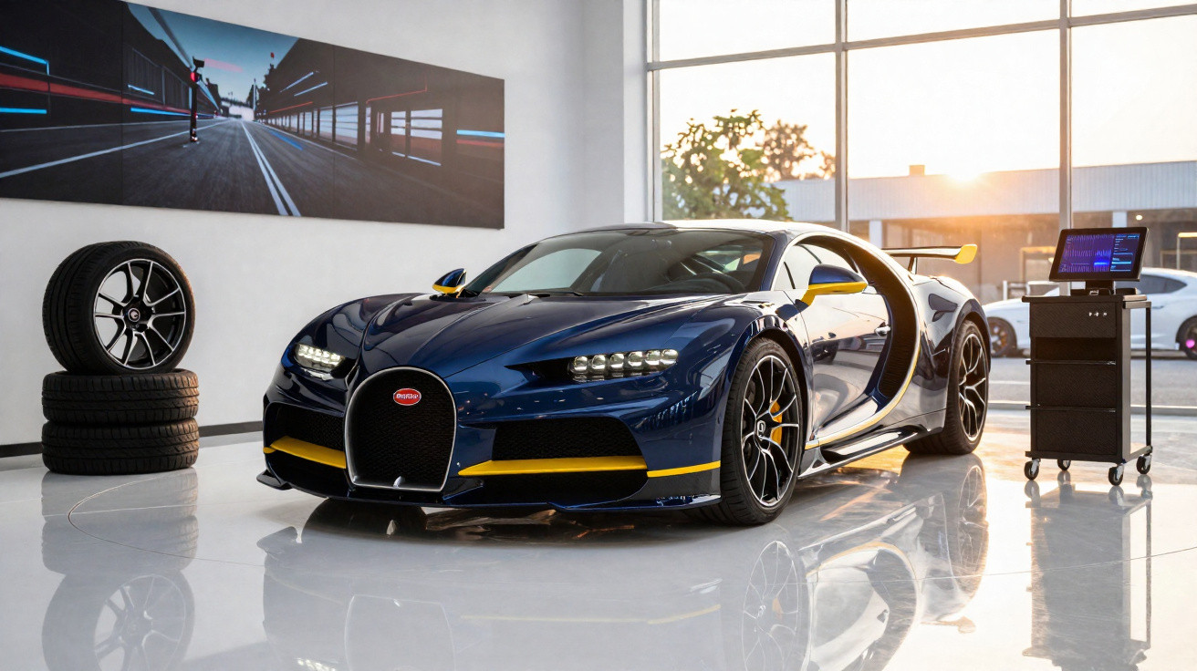 Carro esportivo Bugatti Chiron azul com detalhes amarelos em showroom moderno com pneus e computador ao lado.