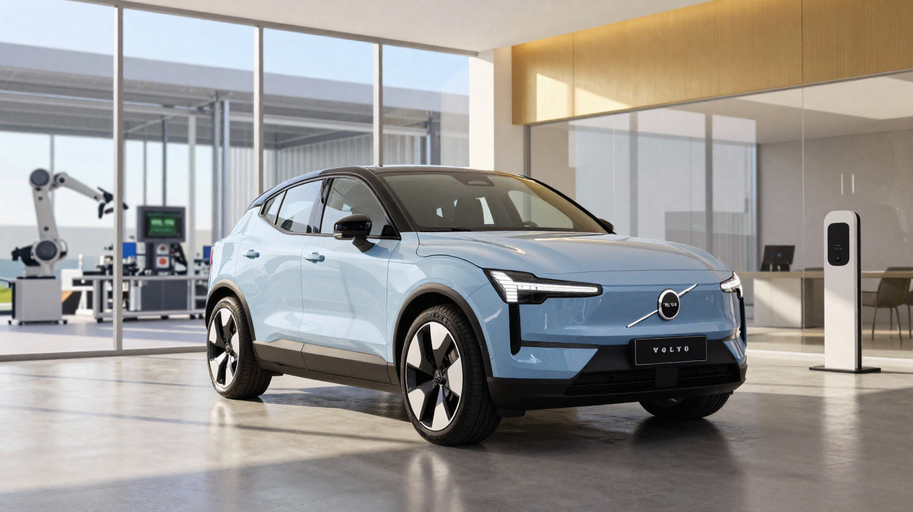 Carro elétrico azul estacionado em ambiente interno moderno com estação de recarga ao lado.
