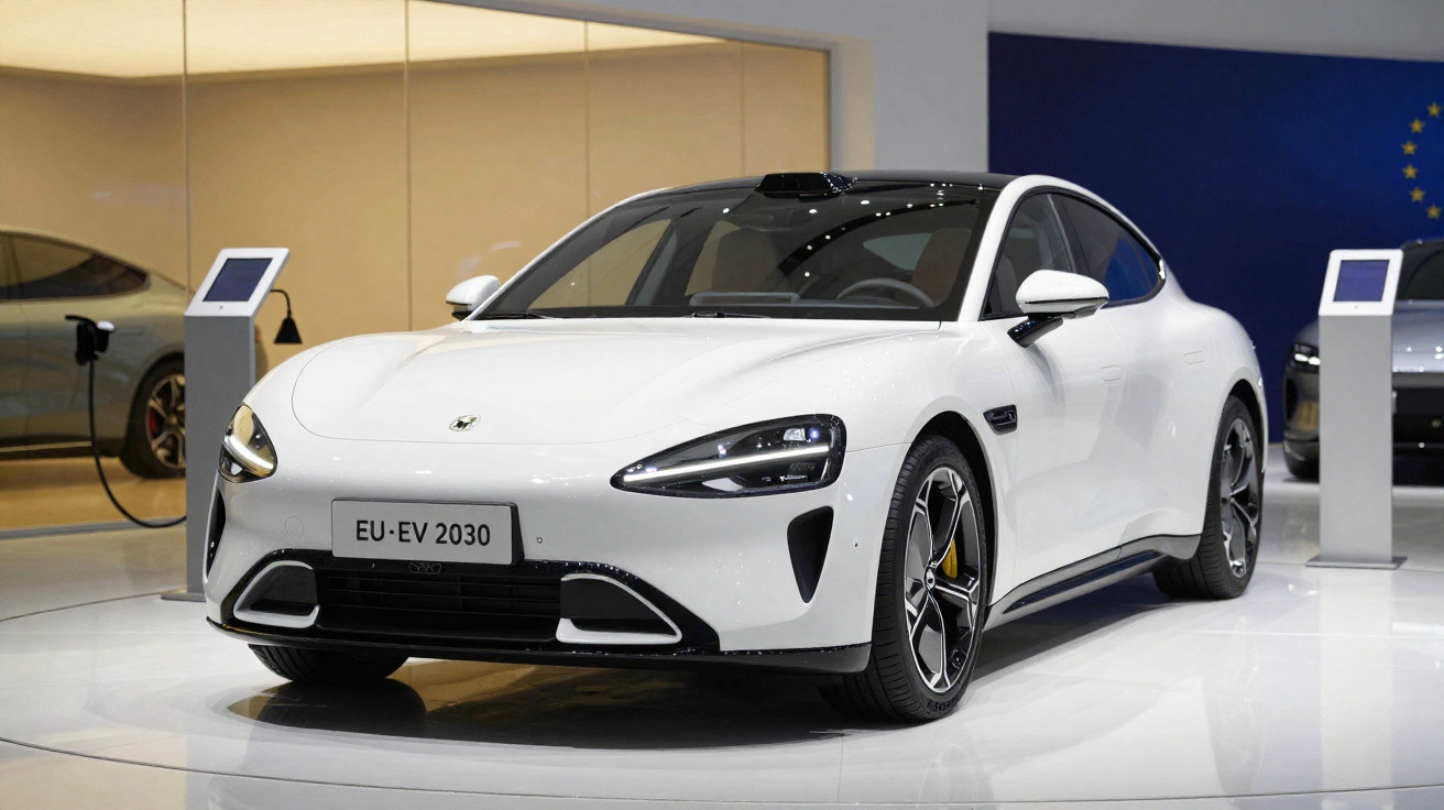 Carro elétrico branco moderno em exposição, com design aerodinâmico e faróis LED, placa EU-EV 2030.