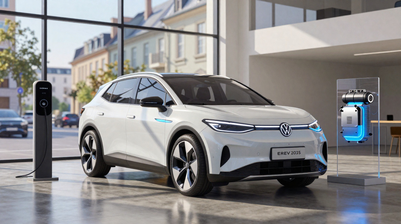 Carro elétrico Volkswagen branco modelo EREV 2035 estacionado ao lado de estação de recarga urbana.