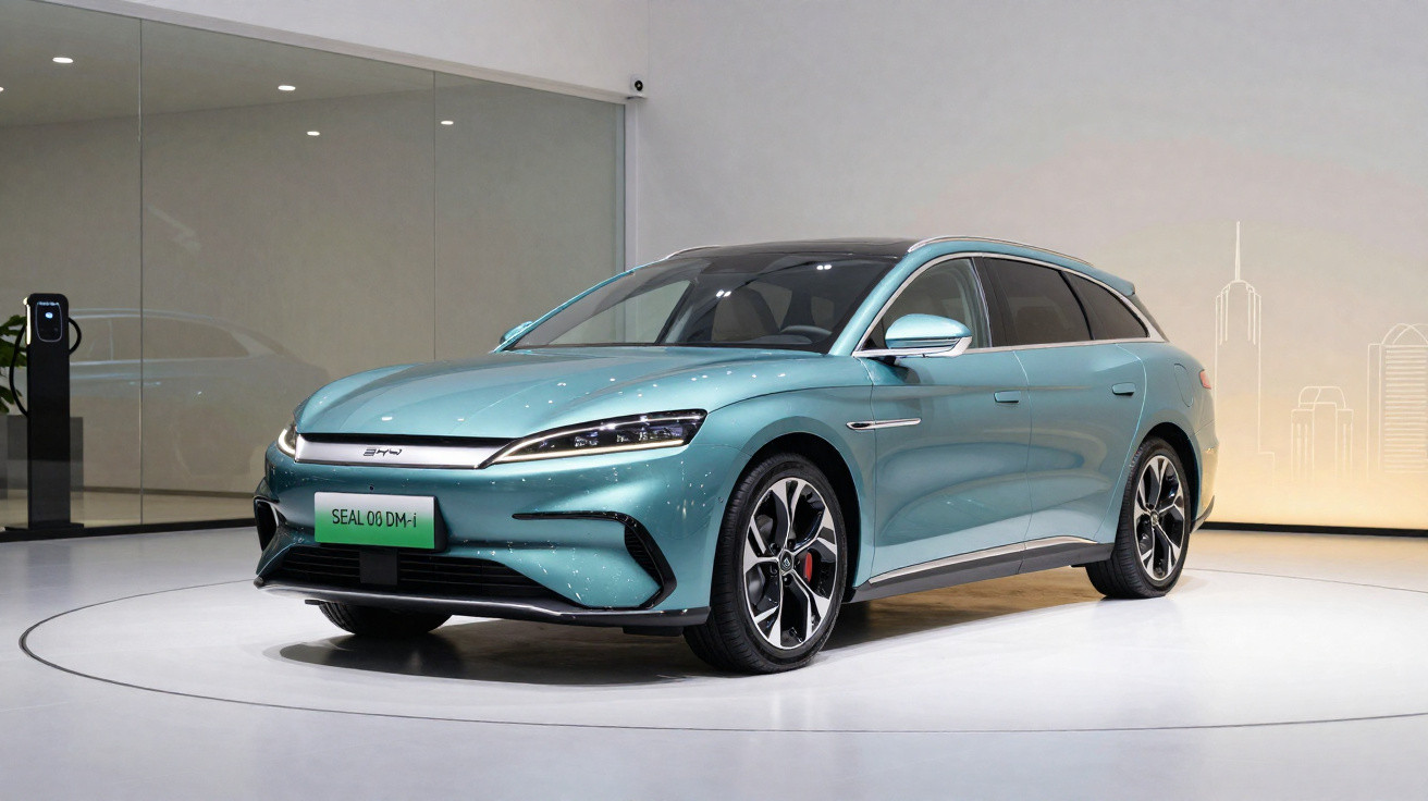 Carro elétrico azul claro moderno em exposição interna com design aerodinâmico e rodas esportivas.