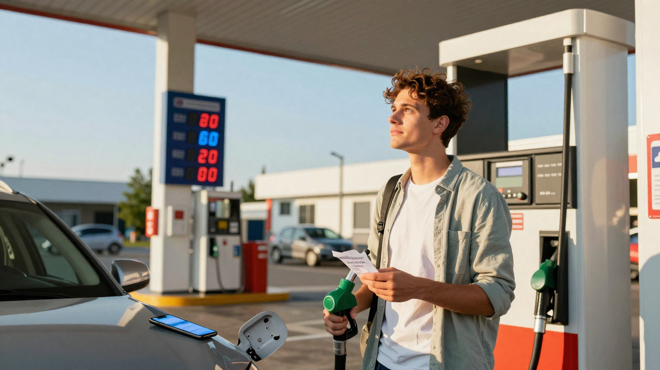 Jovem segurando bomba de combustível e nota, abastecendo carro em posto de gasolina ao pôr do sol.