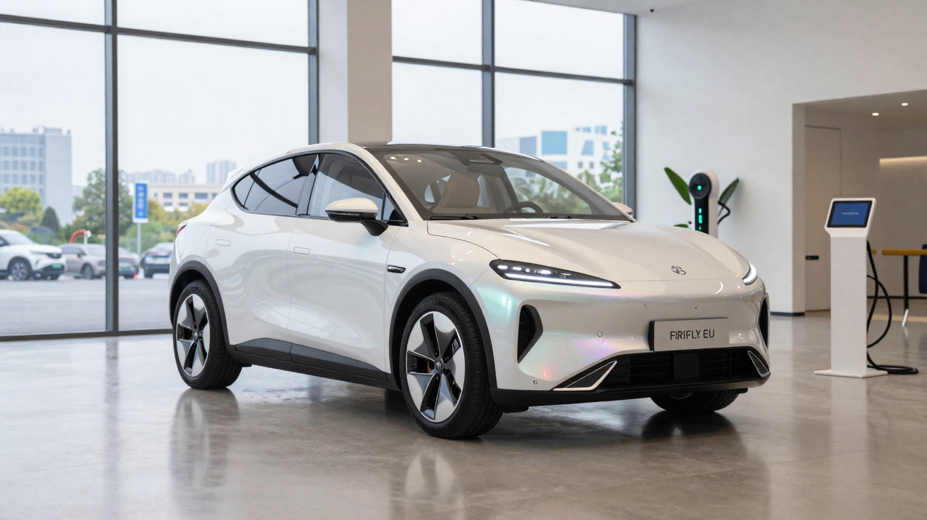 Carro elétrico branco estacionado em showroom moderno com grandes janelas e carregador ao fundo.