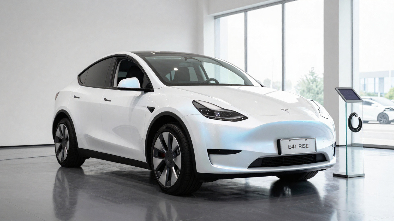 Carro elétrico branco Tesla Model Y estacionado em ambiente interno moderno com piso cinza.
