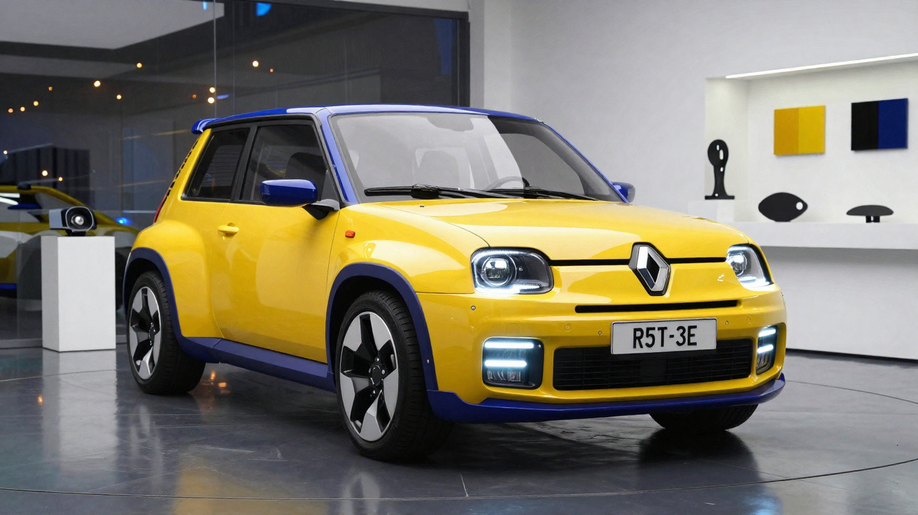 Carro elétrico Renault amarelo e azul em exposição dentro de showroom moderno.