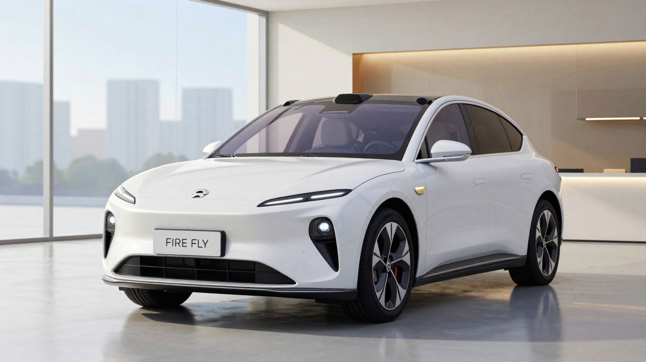Carro elétrico branco modelo Fire Fly em showroom moderno com grandes janelas e iluminação suave.